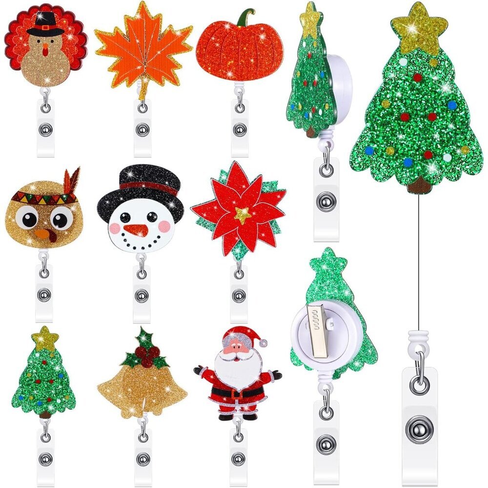 9 Pieces Christmas Badge Reel Holder Acrylic Retractable Bling Glitter Holiday B